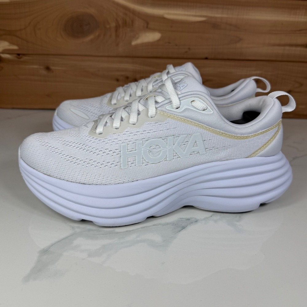 Hoka One One White Athletic Running Shoes with Subtle Gold Trim - Picture 3 of 16